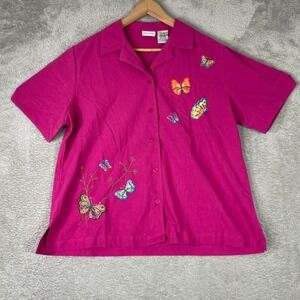White Stag Butterfly Shirt Womens Large Pink Embroidered Button Down Vintage Y2K